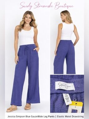 Jessica Simpson Blue Gauze Wide Leg Pants | Elastic Waist Drawstring | Size S